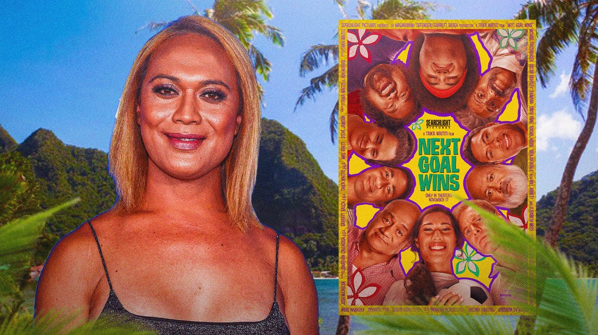 Jaiyah Saelua next to Next Goal Wins poster and American Samoa background.