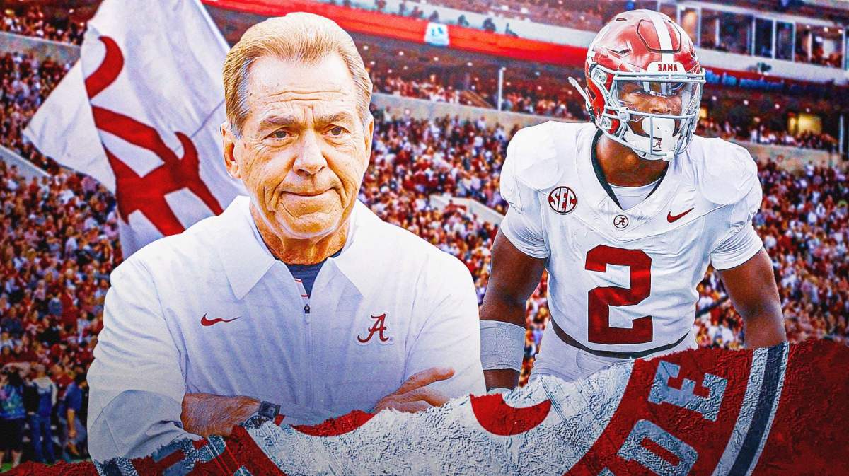 Nick Saban on the left and defensive back Caleb Downs on the right.