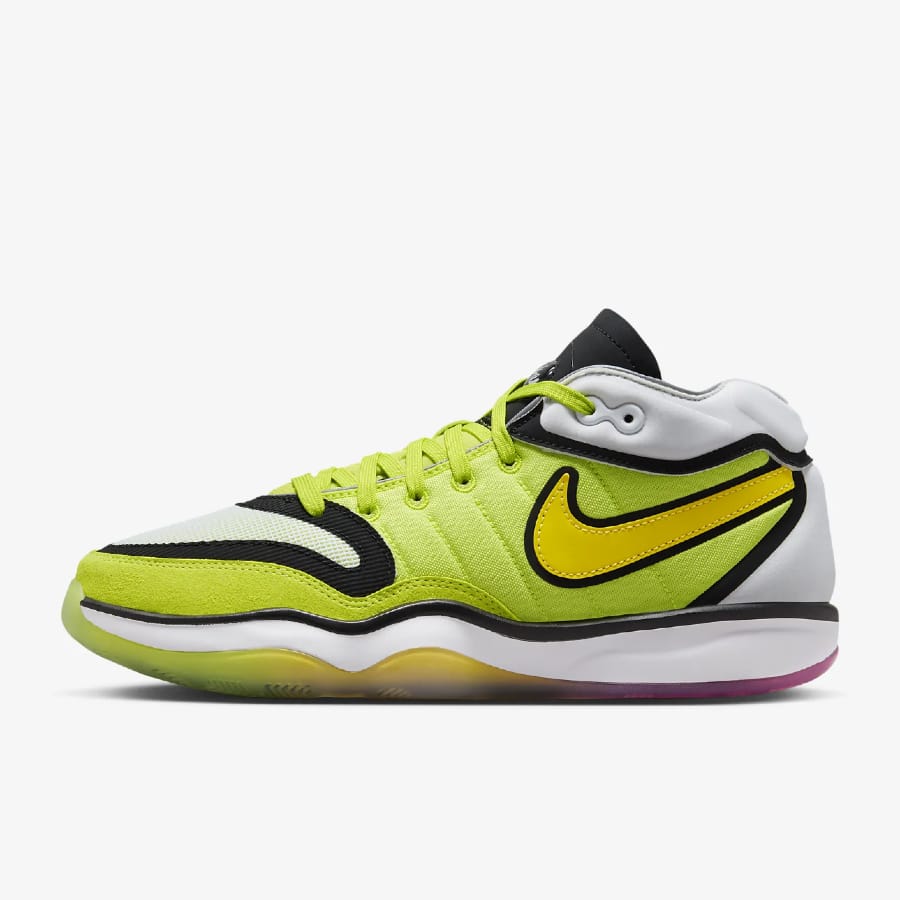 Nike G.T. Hustle 2 - Cyber/White/Siren Red/Vivid Sulfur colorway on a light gray background.