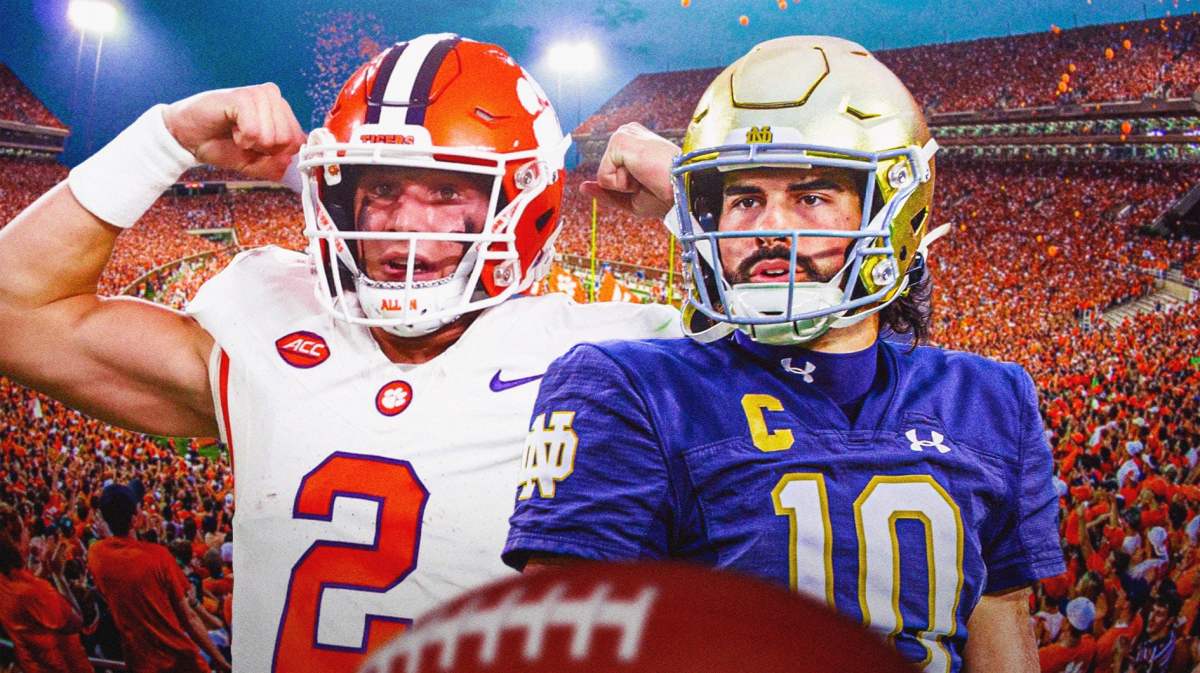 Notre Dame football, Clemson football, Sam Hartman, Tigers, Fighting Irish, Sam Hartman and Cade Klubnik with Clemson football stadium in the background