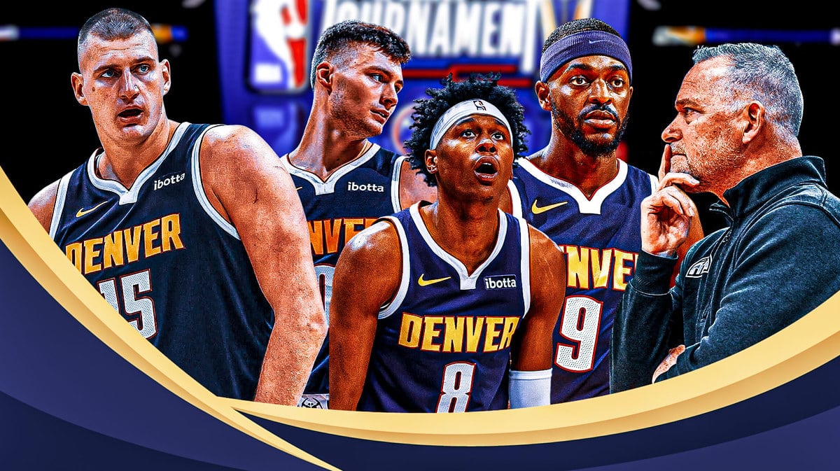 Nuggets' Nikola Jokic and Michael Malone looking disappointedly at Christian Braun, Justin Holiday, and Peyton Watson
