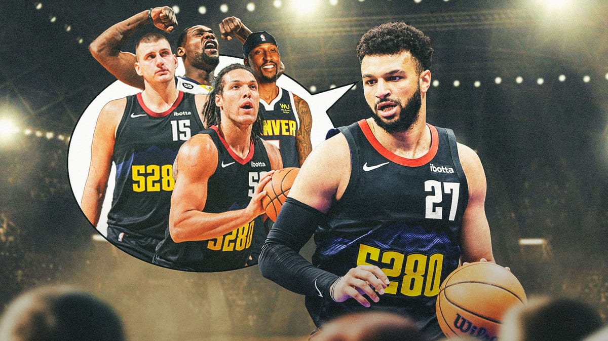 Nuggets' Jamal Murray with a thought bubble containing image of Tony Allen shouting first-team all defense, with Kentavious Caldwell-Pope, Nikola Jokic, and Aaron Gordon looking at Murray, all smiling