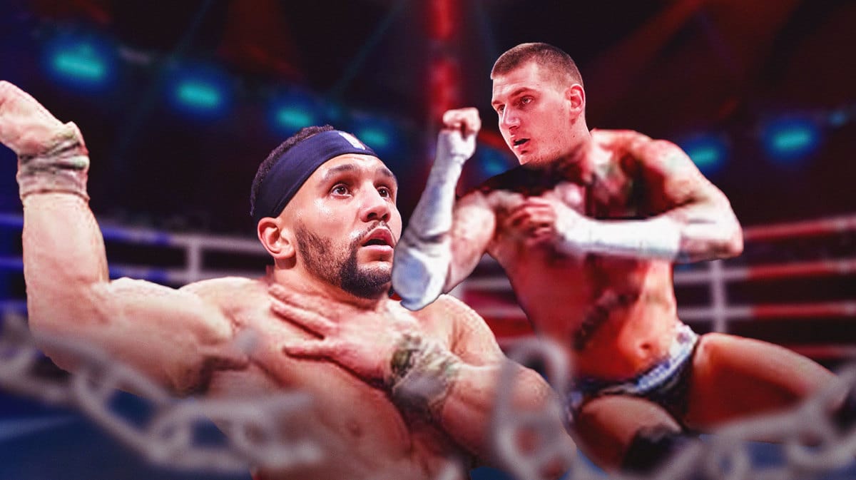 Nikola Jokic and Jalen Suggs as WWE wrestlers, with Jokic as CM Punk landing an elbow drop on Suggs as John Cena
