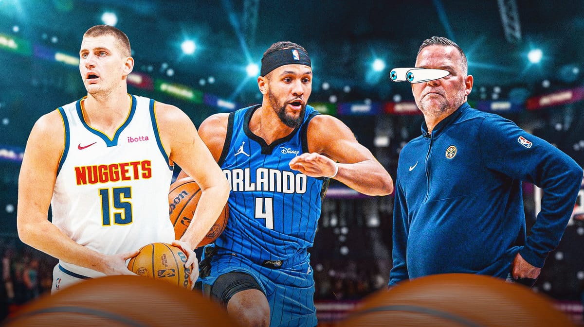 Nikola Jokic, Jalen Sugs, and Nuggets head coach Michael Malone