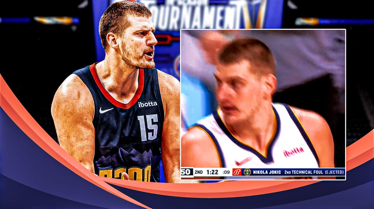 Nikola Jokic of the Nuggets looking angry/serious/shocked