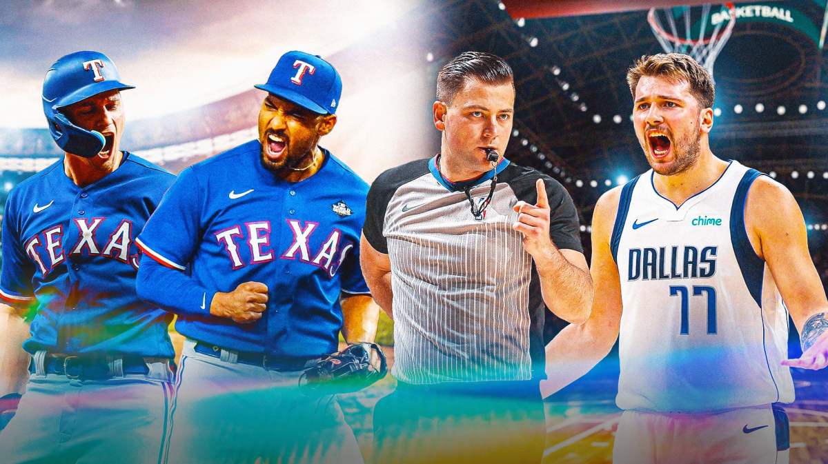 Mavs' Luka Doncic complaining to the referees, with Rangers' Corey Seager and Marcus Semien celebrating