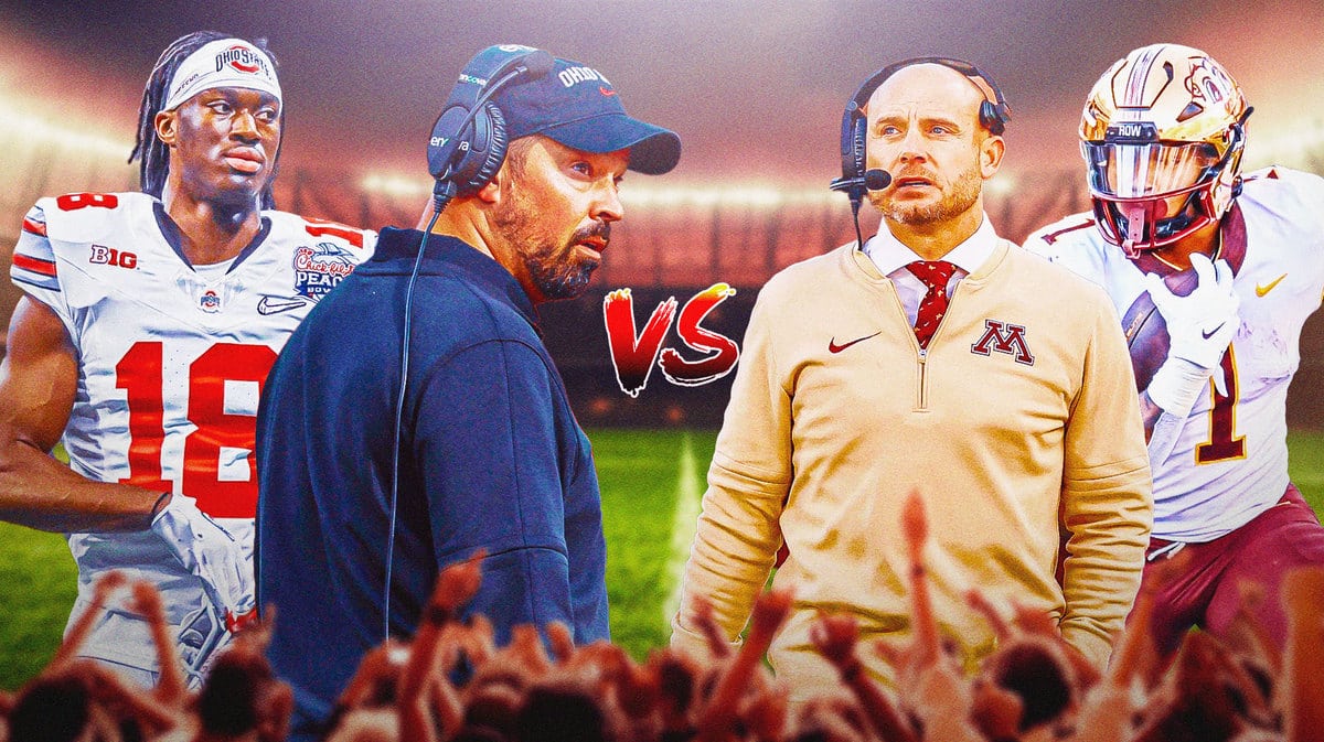 Ohio State football coach Ryan Day and WR Marvin Harrison Jr. “VS” Minnesota football coach PJ Fleck and RB Darius Taylor.
