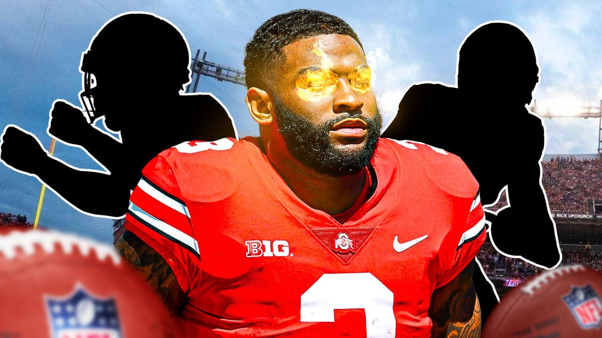 Miyan Williams with fire in his eyes. Silhouettes of Kyle McCord and Treveyon Henderson in the background