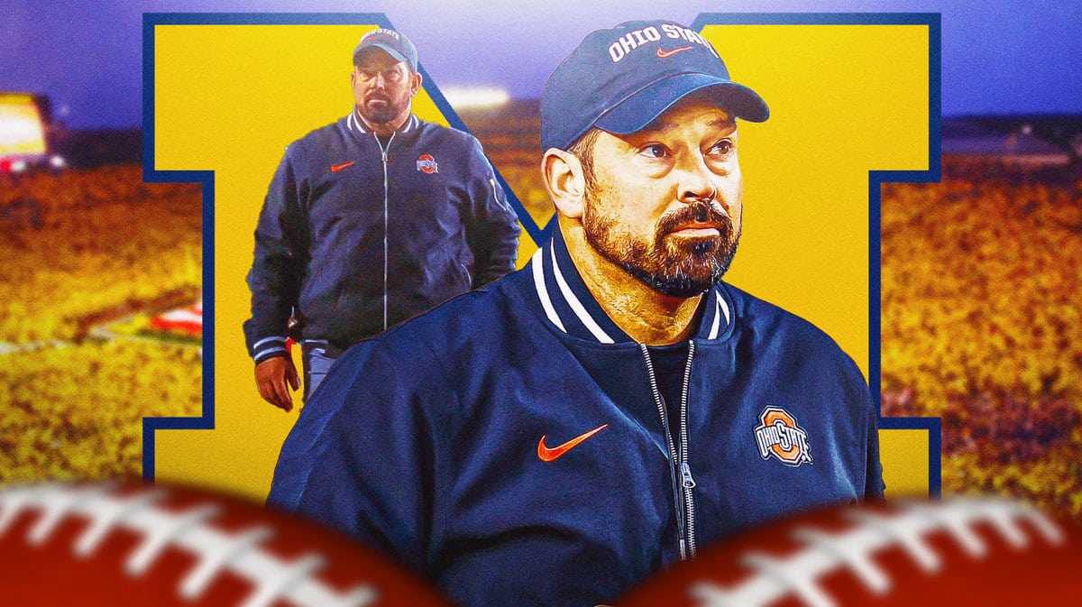 Ryan Day in Ohio State football gear. Michigan football logo in the background