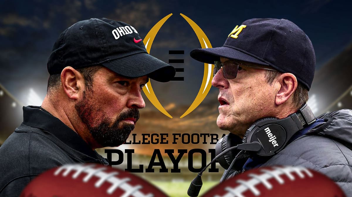 Michigan's Jim Harbaugh and Ohio State's Ryan Day face to face with the College Football Playoff in the background
