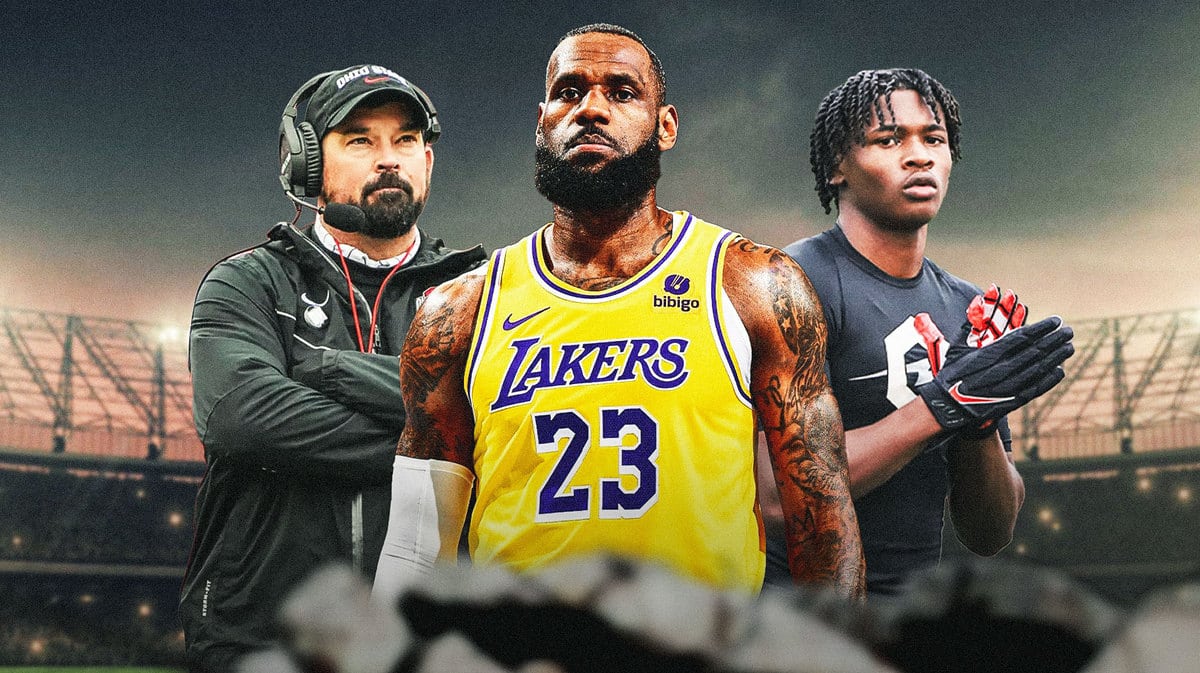 Ohio State football and Marvin Harrison Jr. coach Ryan Day with Jeremiah Smith and LeBron James