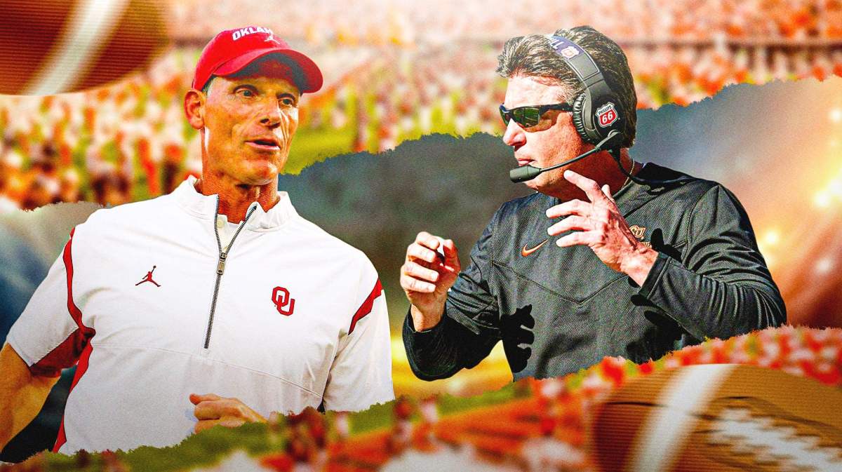 Oklahoma football, Oklahoma State football, Oklahoma football week 10, Sooners, Dillon Gabriel, Brent Venables (in Oklahoma gear) and Mike Gundy (in Oklahoma State gear) with Oklahoma State football stadium in the background