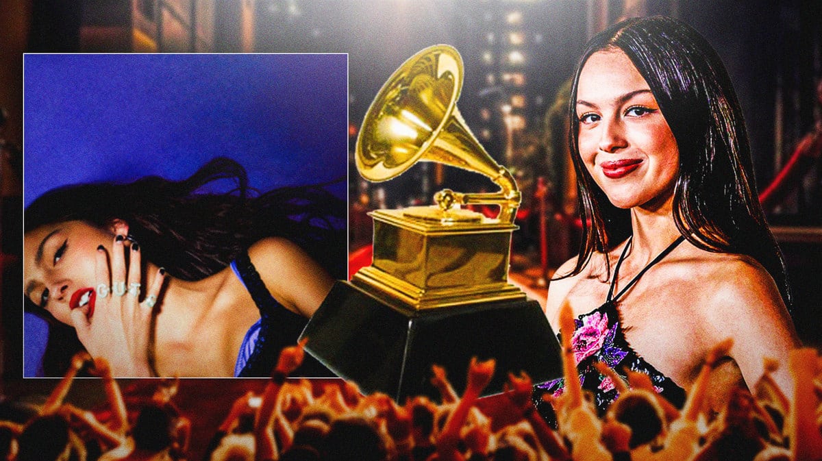 Guts album cover and Grammy trophy next to Olivia Rodrigo.