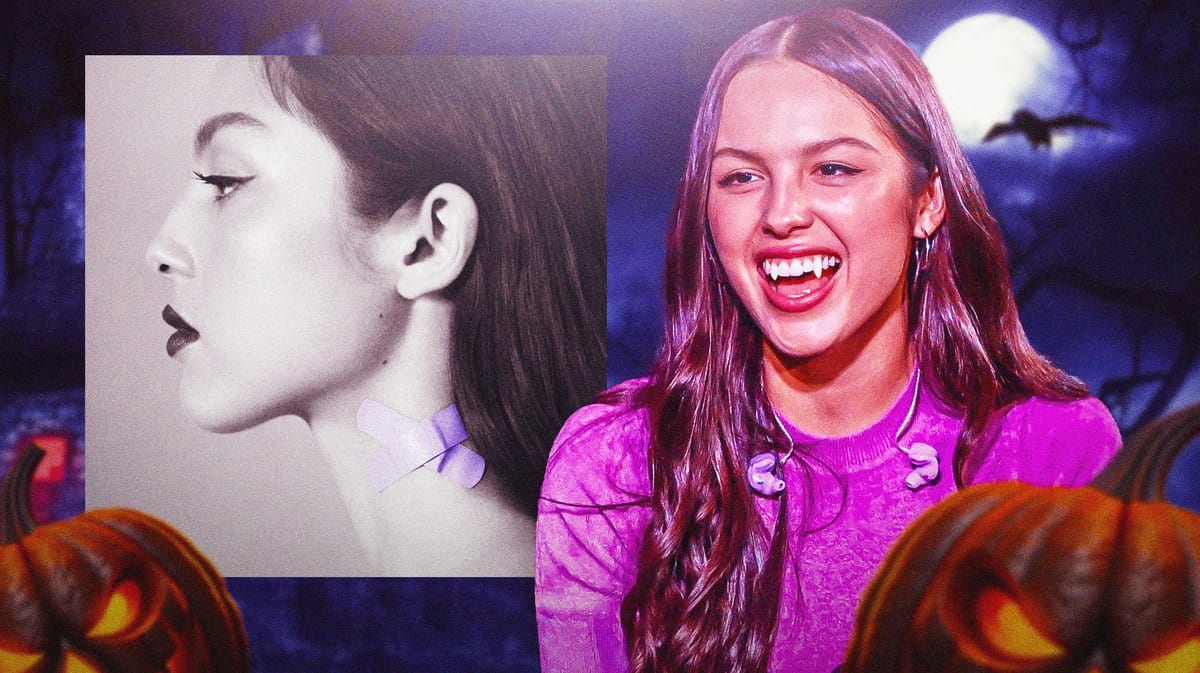 Olivia Rodrigo with vampire teeth next to Vampire (Guts lead single) cover with Halloween background.