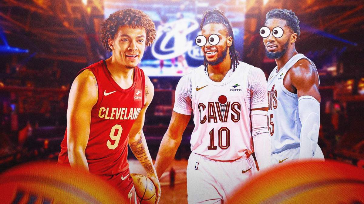 Cavs' Craig Porter Jr. with Darius Garland, Donovan Mitchell looking at him