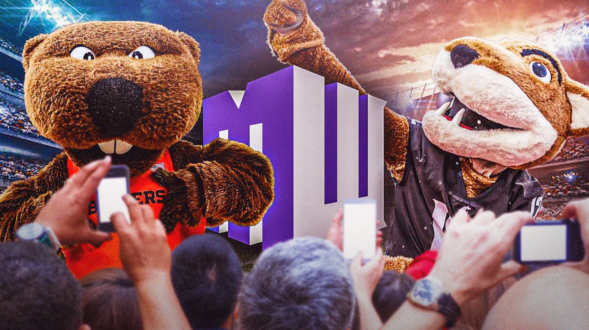 Oregon State and Washington State mascots looking at a Mountain West Conference logo amid Pac-12 Conference rumblings.