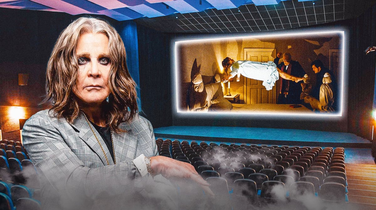 Ozzy Osbourne with The Exorcist on the screen.