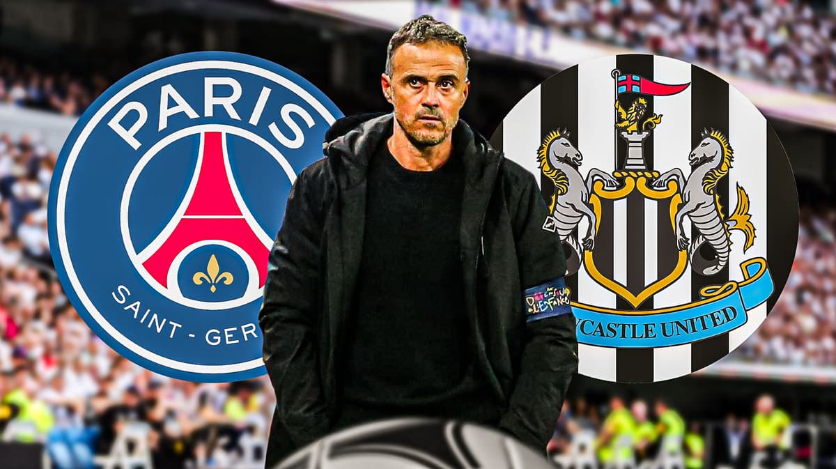 Luis Enrique in front of the PSG and Newcastle logos