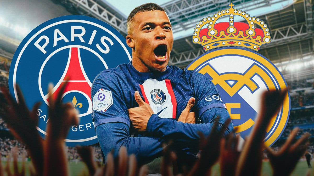 Kylian Mbappe in front of the PSG and Real Madrid logos