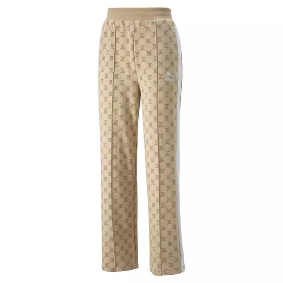 PUMA Women's T7 All Over Print Track Pants - Tan colored on a white background.