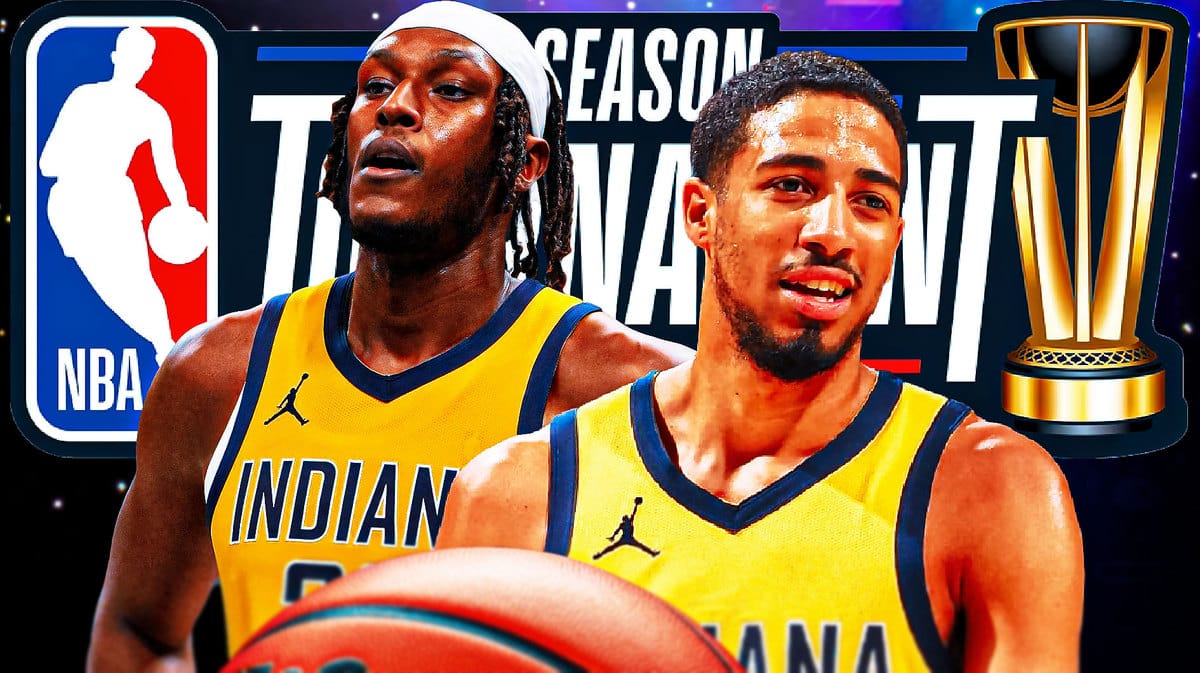 Pacers players Myles Turner and Tyrese Haliburton in front of the NBA In-Season Tournament logo