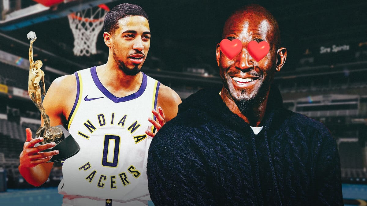 Pacers' Tyrese Haliburton hoisting the MVP trophy (glass one), with Kevin Garnett heart eyes towards Haliburton
