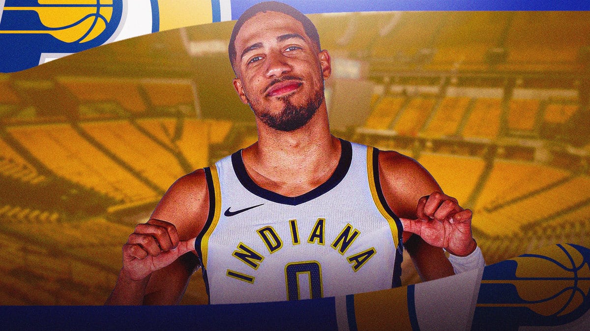 Indiana Pacers star Tyrese Haliburton in front of the Gainbridge Fieldhouse.