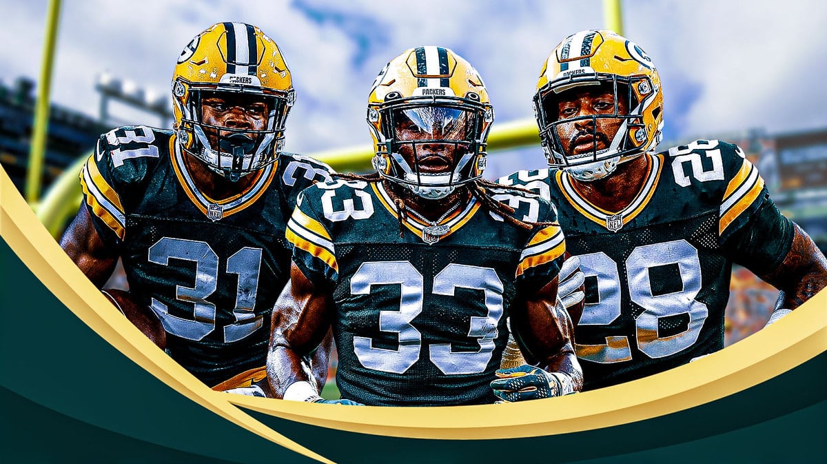Green Bay Packers running backs Aaron Jones, AJ Dillon, and Emanuel Wilson