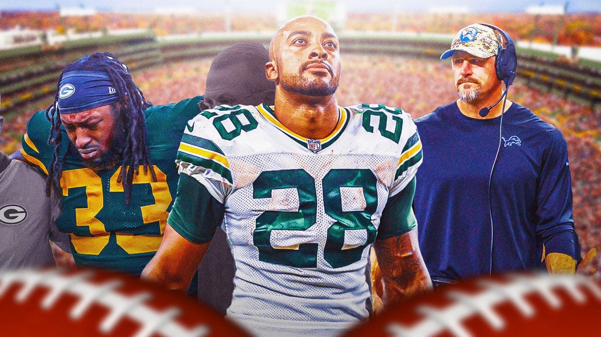 Packers RB Aj Dillon and Aaron Jones and Lions HC Dan Campbell looking .