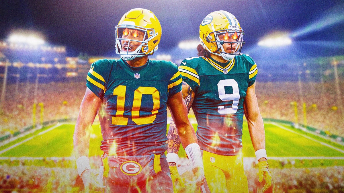 Packers' Jordan Love, Packers' Christian Watson both with fire in their eyes.