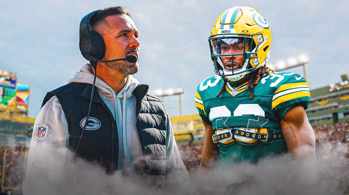 Matt LaFleur of the Green Bay Packers with Aaron Jones the running back