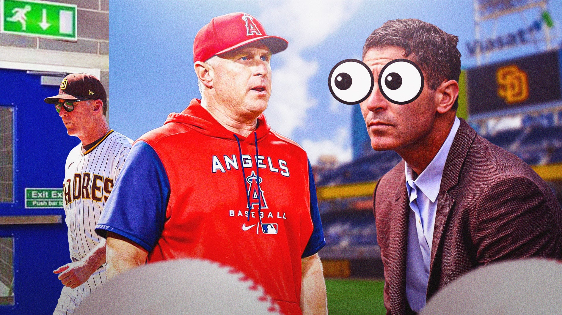 AJ Preller with peeping eyes looking at Phil Nevin coaching Angels, Bob Melvin in Padres jersey walking out a door, Petco Park as the background