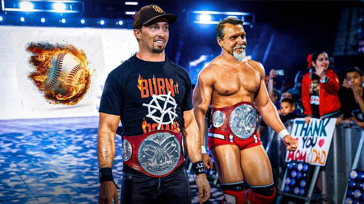 Blake Snell of the Padres and Randy Johnson (former pitcher) as wrestlers