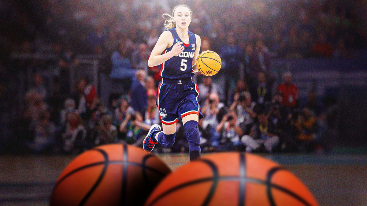 Paige Bueckers in the center court, as if spotlighted, in her UConn women’s basketball jersey. The background/scene should be a basketball game with fans in the stands