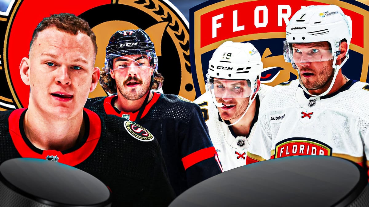 Matthew Tkachuk and Brady Tkachuk both in image looking happy, Zac MacEwen and Dmitry Kulikov also in image (Matthew Tkachuk and Kulikov on one side, Brady Tkachuk and MacEwen on other side) , Senators and FLA Panthers logos, hockey rink in background