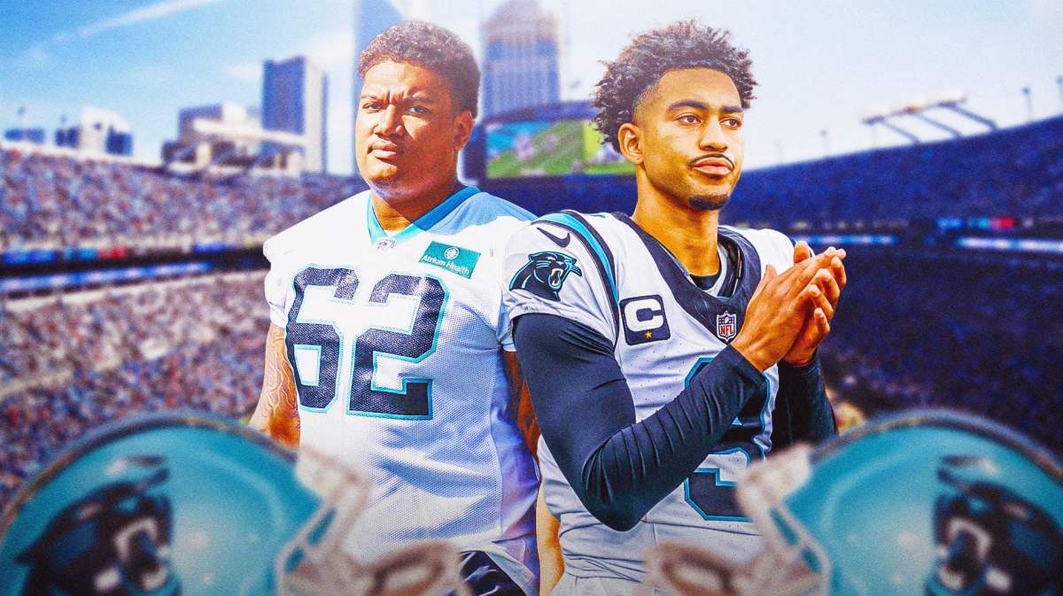 Carolina, Panthers, Bryce Young, Chandler Zavala, Gabe Jackson, Bryce Young and Chandler Zavala in Panthers unis with Carolina Panthers stadium in the background