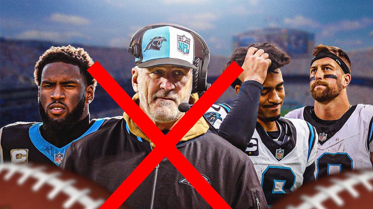 Photo: Frank Reich in Panthers gear with an X through him, Brian Burns, Bryce Young, Adam Thielen in background in Panthers jerseys looking serious