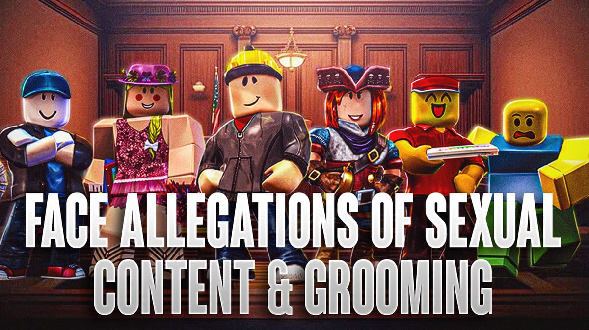 Roblox characters in a courtroom with the caption 'Face Allegations of Sexual Content & Grooming'