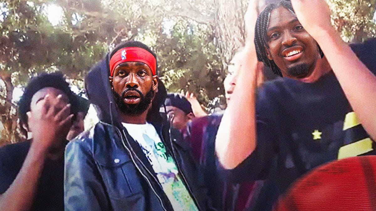 Sixers' Patrick Beverley as the guy in the hoodie, Tyrese Maxey as the guy on the right with hands on head