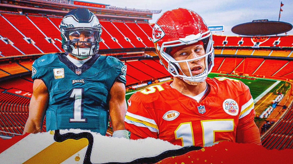 Patrick Mahomes next to Jalen Hurts