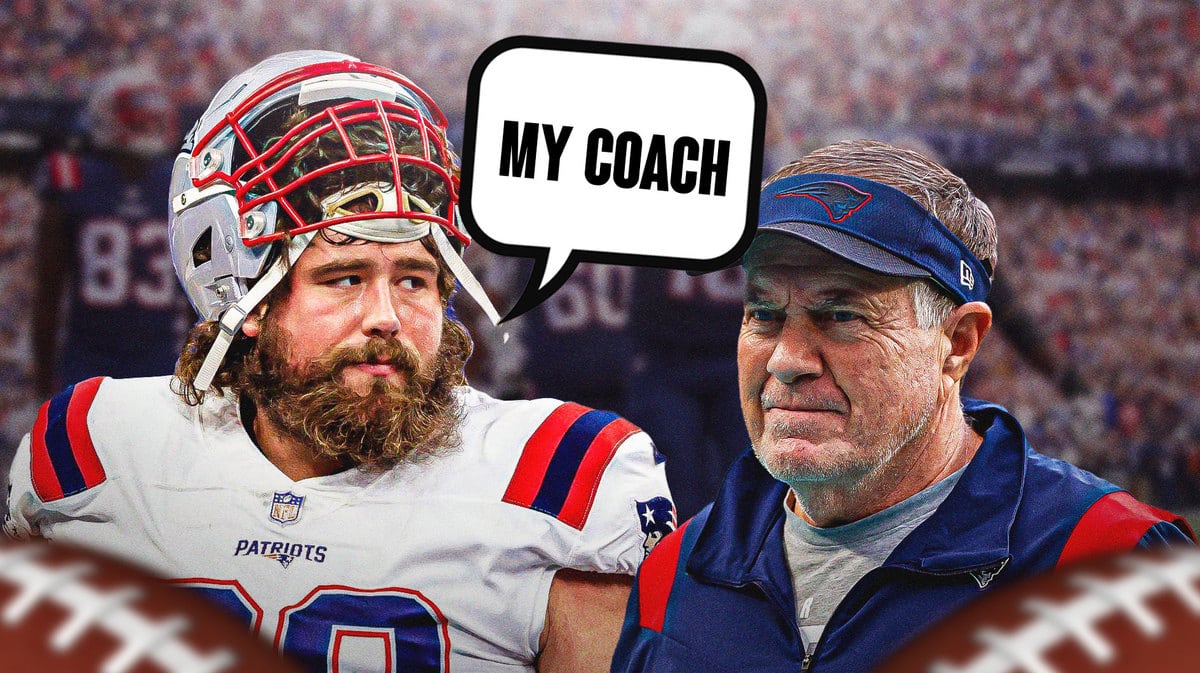 Patriots' David Andrews with quote bubble saying "My coach" next to Bill Belichick.