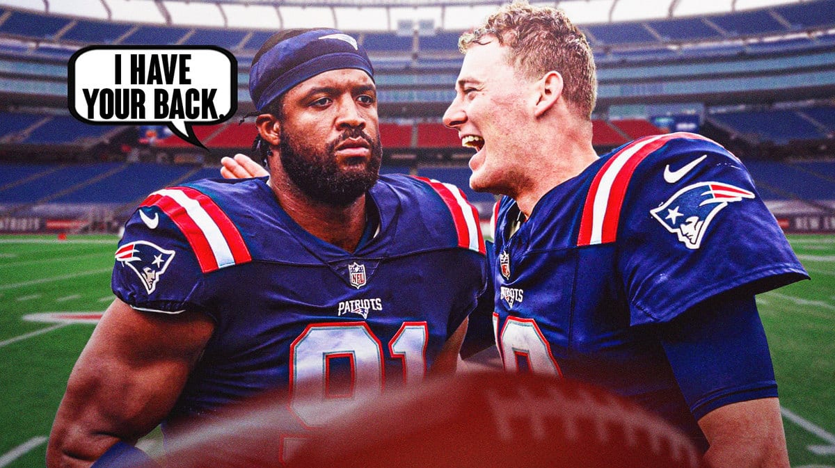 Deatrich Wise with a quote bubble saying "I have your back" to Mac Jones