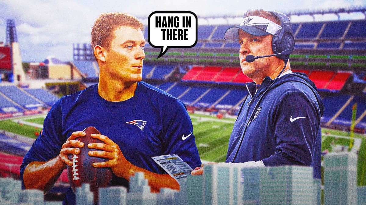 Mac Jones with quote bubble telling Josh McDaniels "Hang in there"