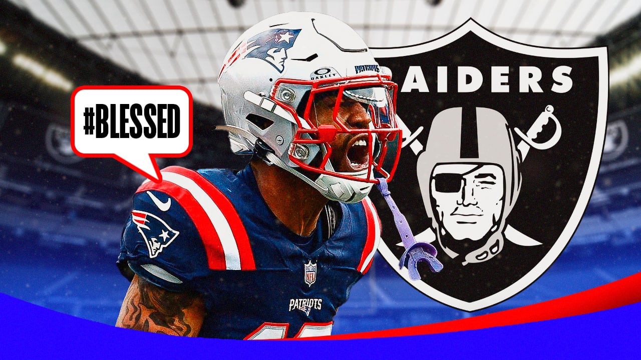 Jack Jones in New England Patriots uniform and speech bubble “#Blessed” next to Las Vegas Raiders logo to signify he joined the Raiders and is happy about it.