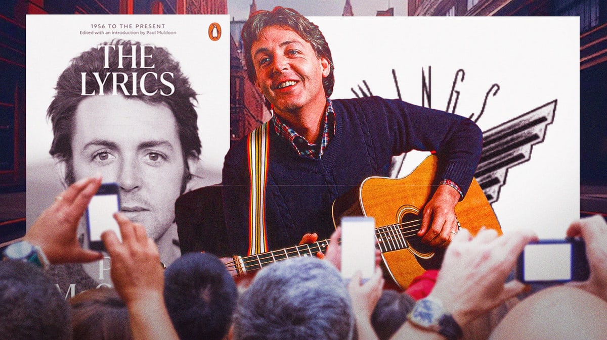 Paul McCartney with The Lyrics book cover and Wings logo.