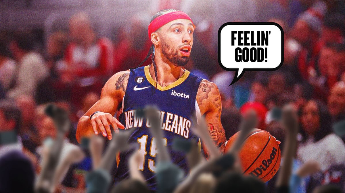 Jose Alvarado in action in Pelicans jersey saying “Feelin' good!”
