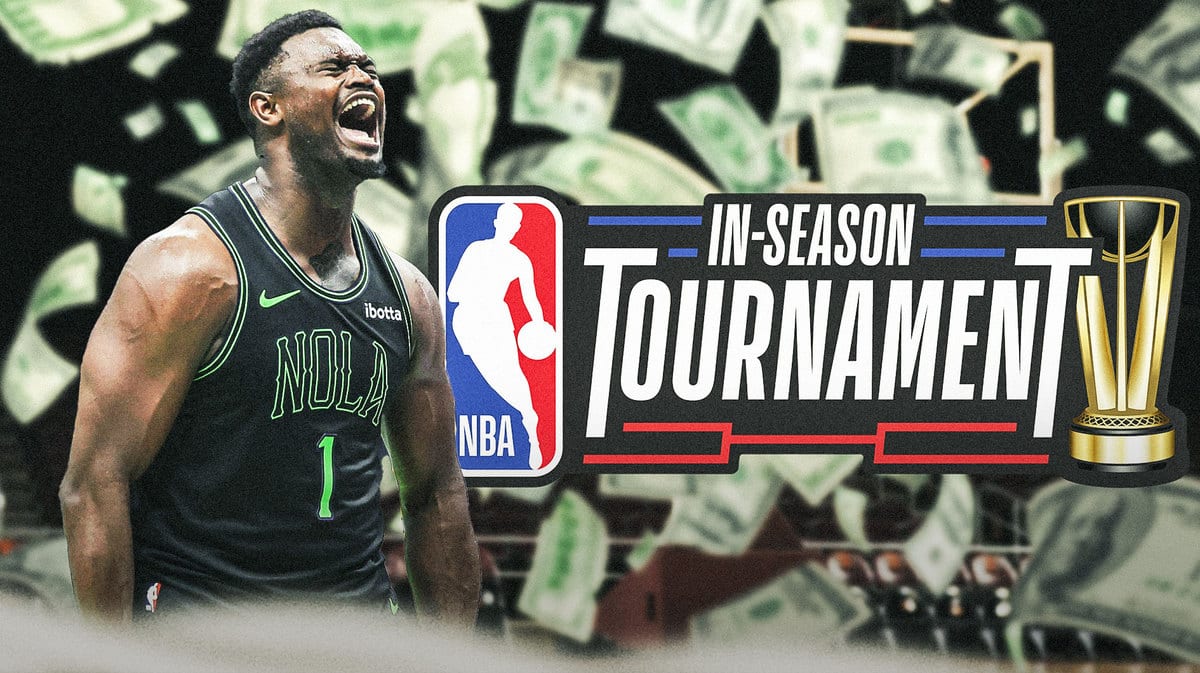 Pelicans' Zion Williamson hyped up, with money falling from the sky, NBA In-Season Tournament logo on the side
