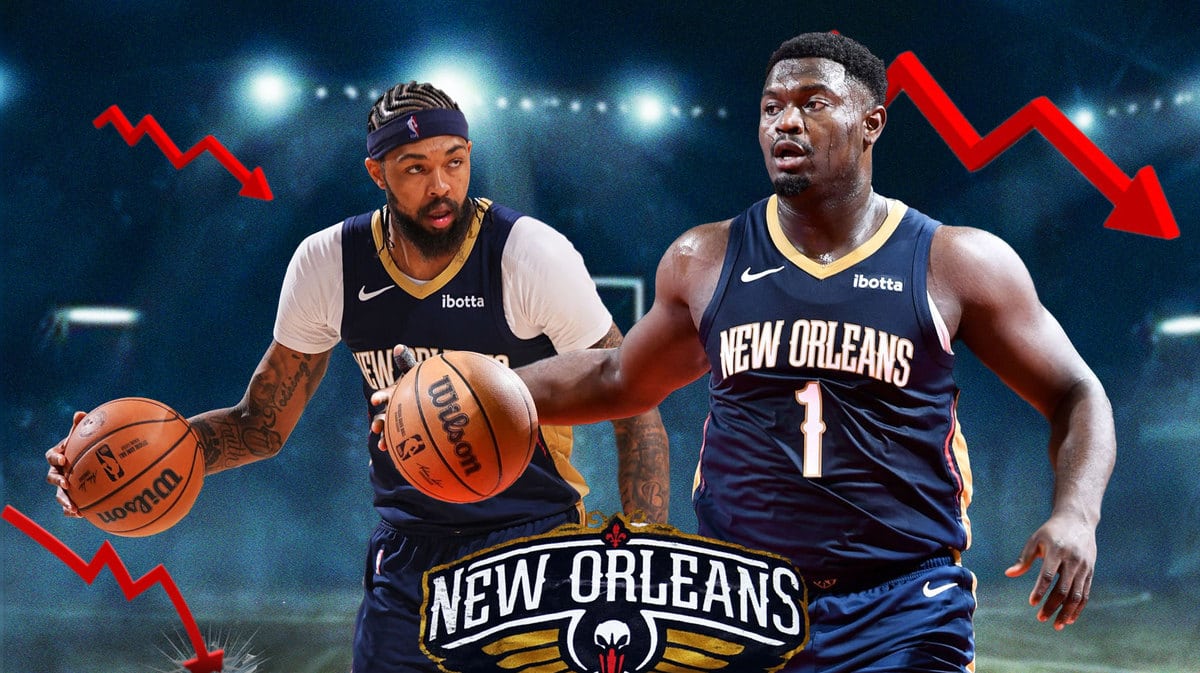 Pelicans' Zion Williamson and Brandon Ingram looking tired, with stock down logo around them