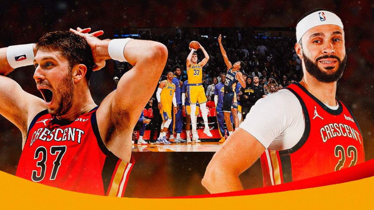 A picture of Lakers' Matt Ryan sending the game to overtime against the Pelicans last year in the middle, with Matt Ryan (in Pelicans uni) and Larry Nance Jr. (Pelicans) smiling
