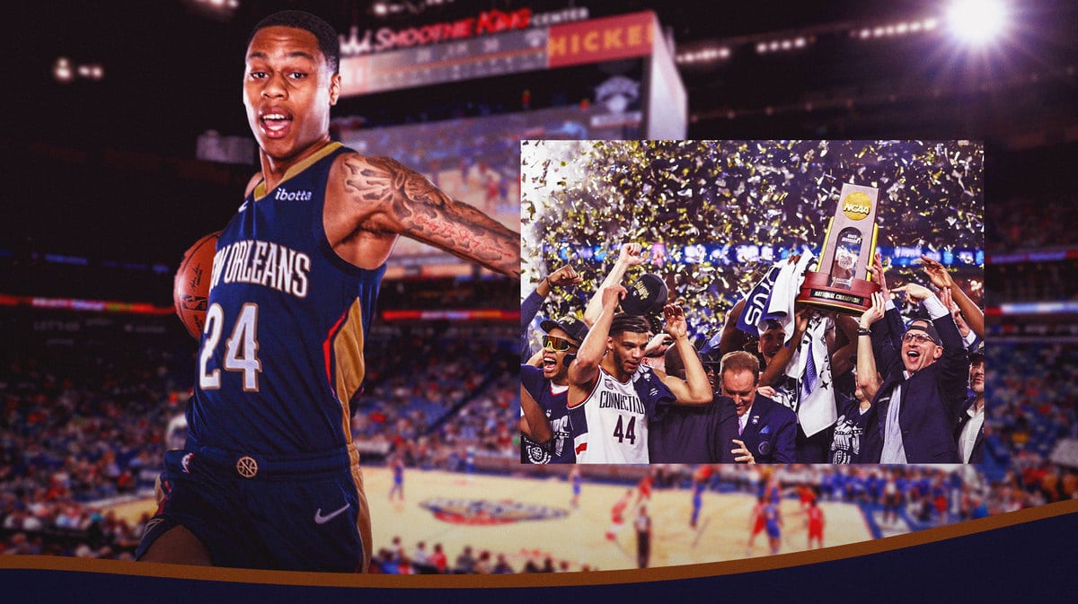 Pelicans’ Jordan Hawkins hyped up, with team picture of UConn after the 2023 NCAA national championship game on the right